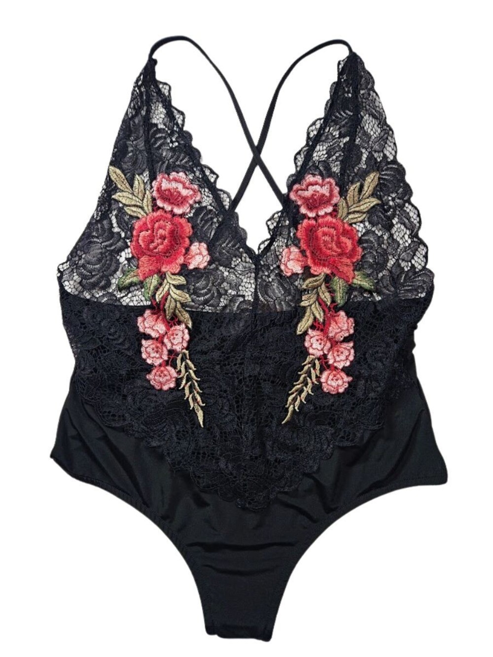 Floral Embroidered Black Lace Bodysuit Rose Teddy Coquette - Mezzanine